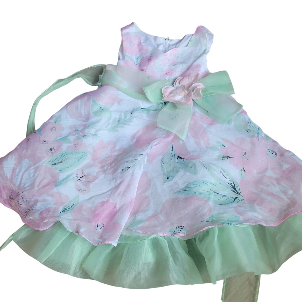 Bonnie Jean Girls Floral Dress 2T Pink Green Watercolor Flower Party Wedding